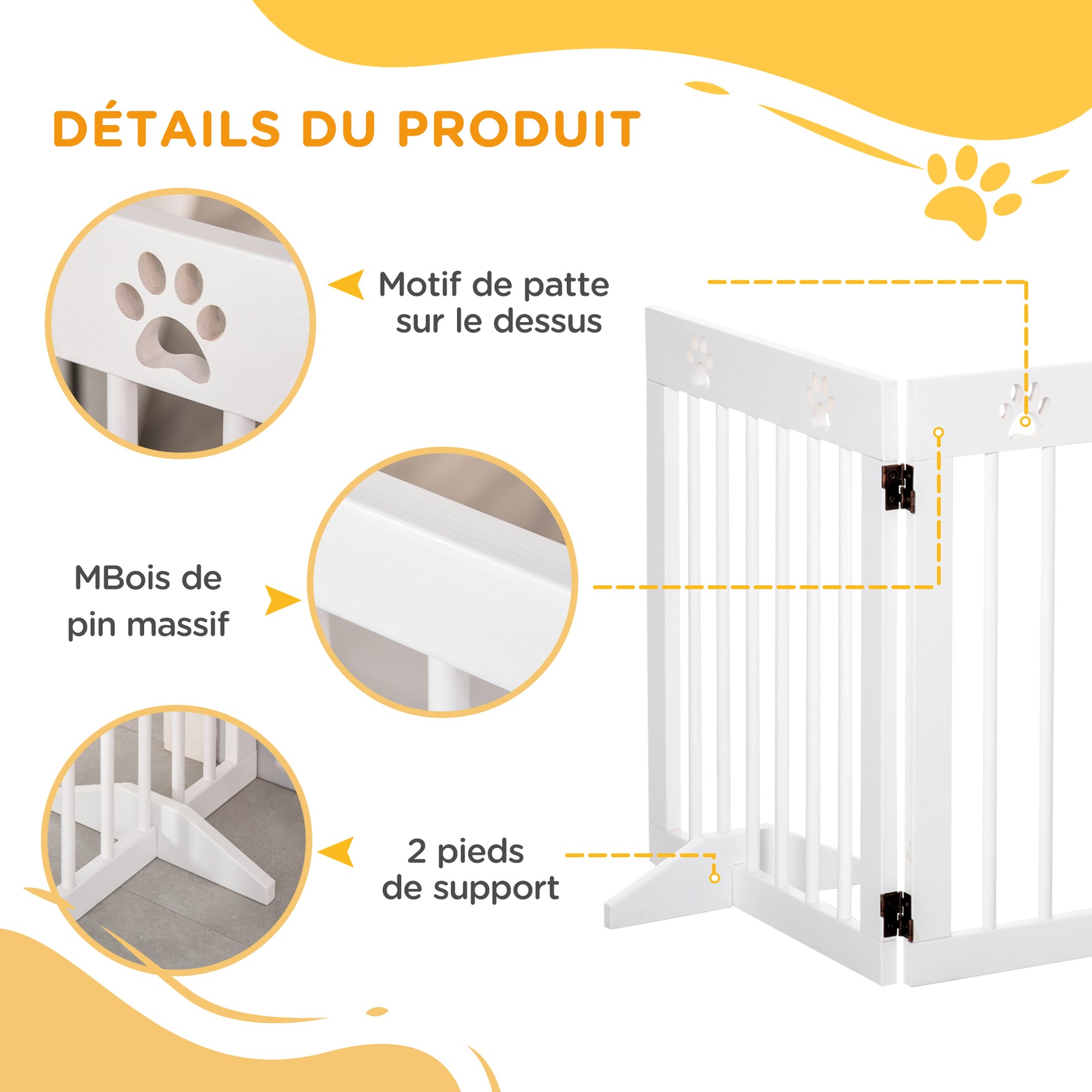 Barrière de sécurité barrière modulable pliable pour animaux de compagnie 4 panneaux en bois de pin massif 204 x 30 x 61 cm blanc