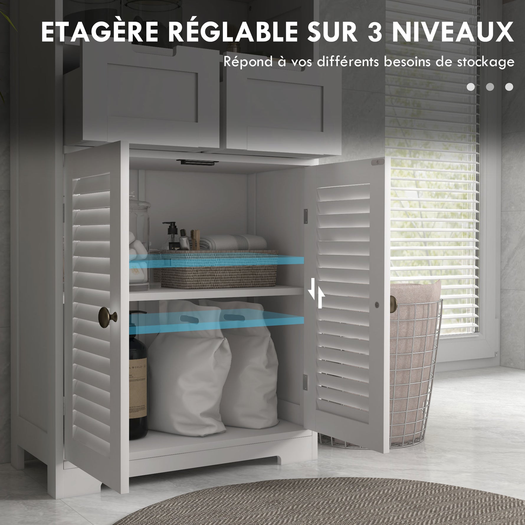 Meuble de salle de bain armoire 2 portes étagère réglable 2 tiroirs niche 61 x 30,5 x 109,5 cm blanc