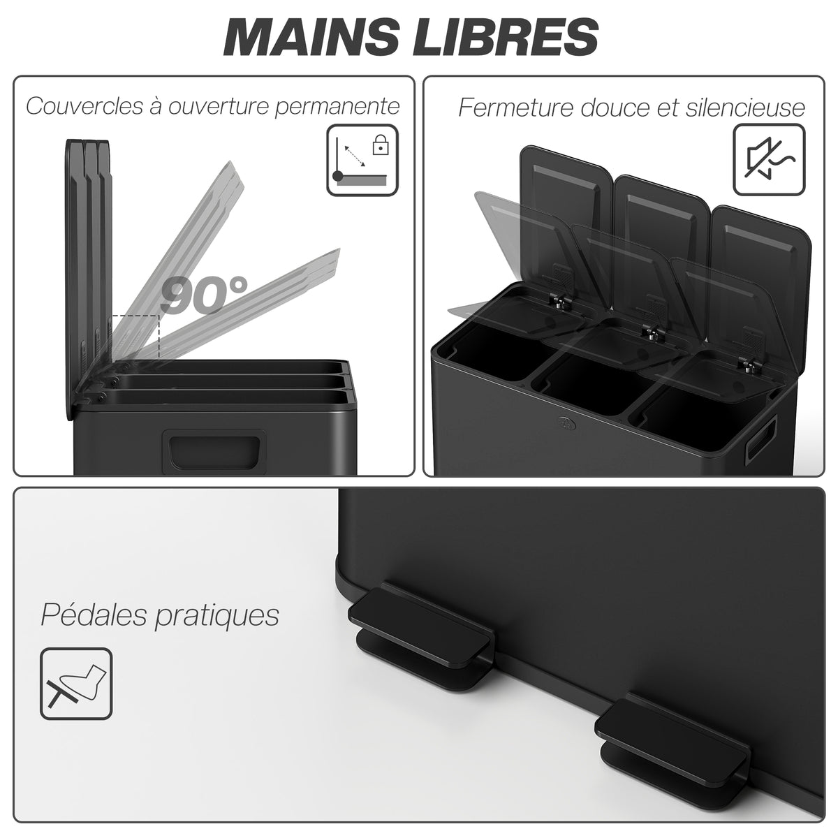 Poubelle de cuisine 45L avec 3 compartiments de 15L, couvercle, seaux intérieurs amovibles, 3 x 15L, noir