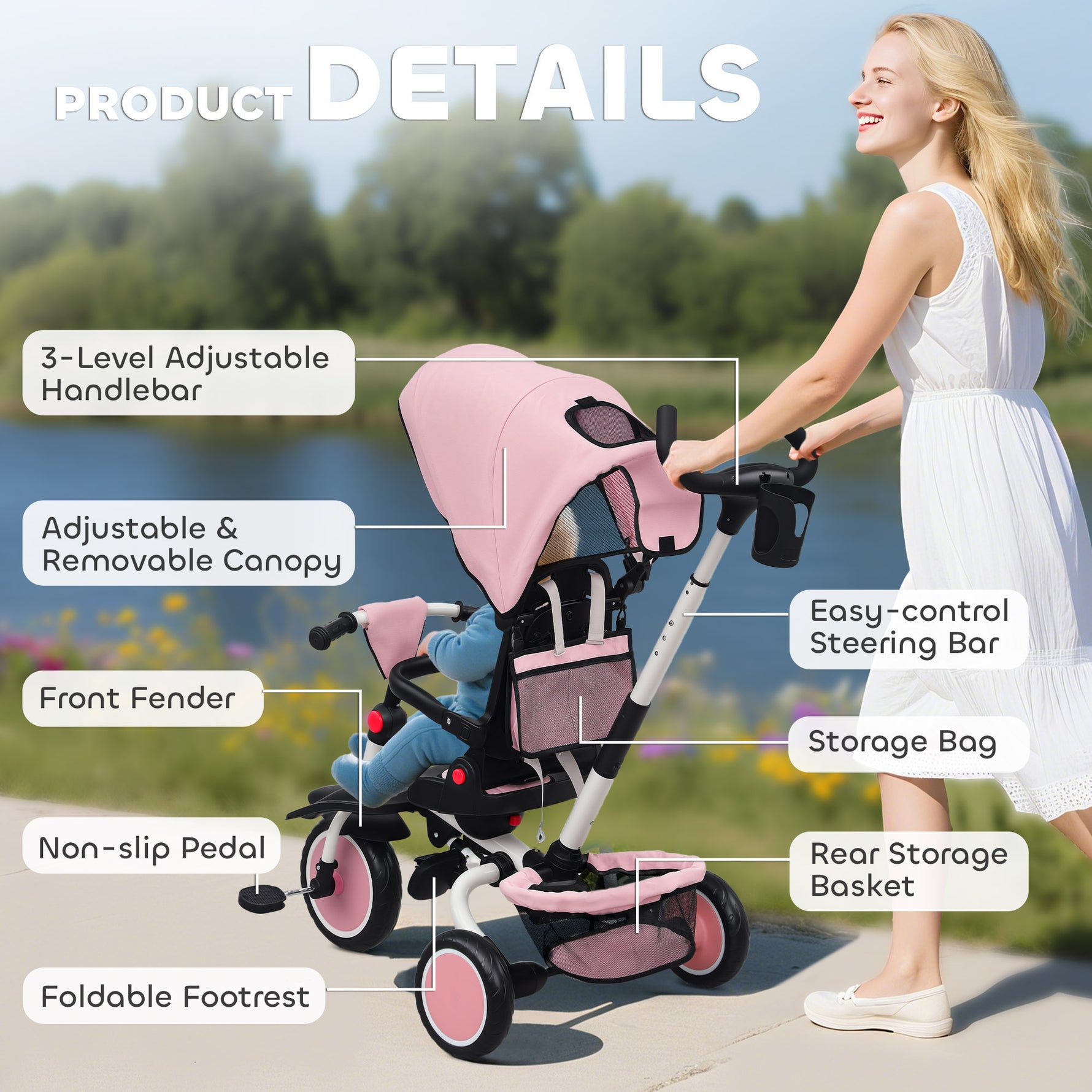 Tricycle bébé évolutif 6 en 1, tricycle enfant pliable avec poignée parentale réglable, siège pivotant 360°, rose