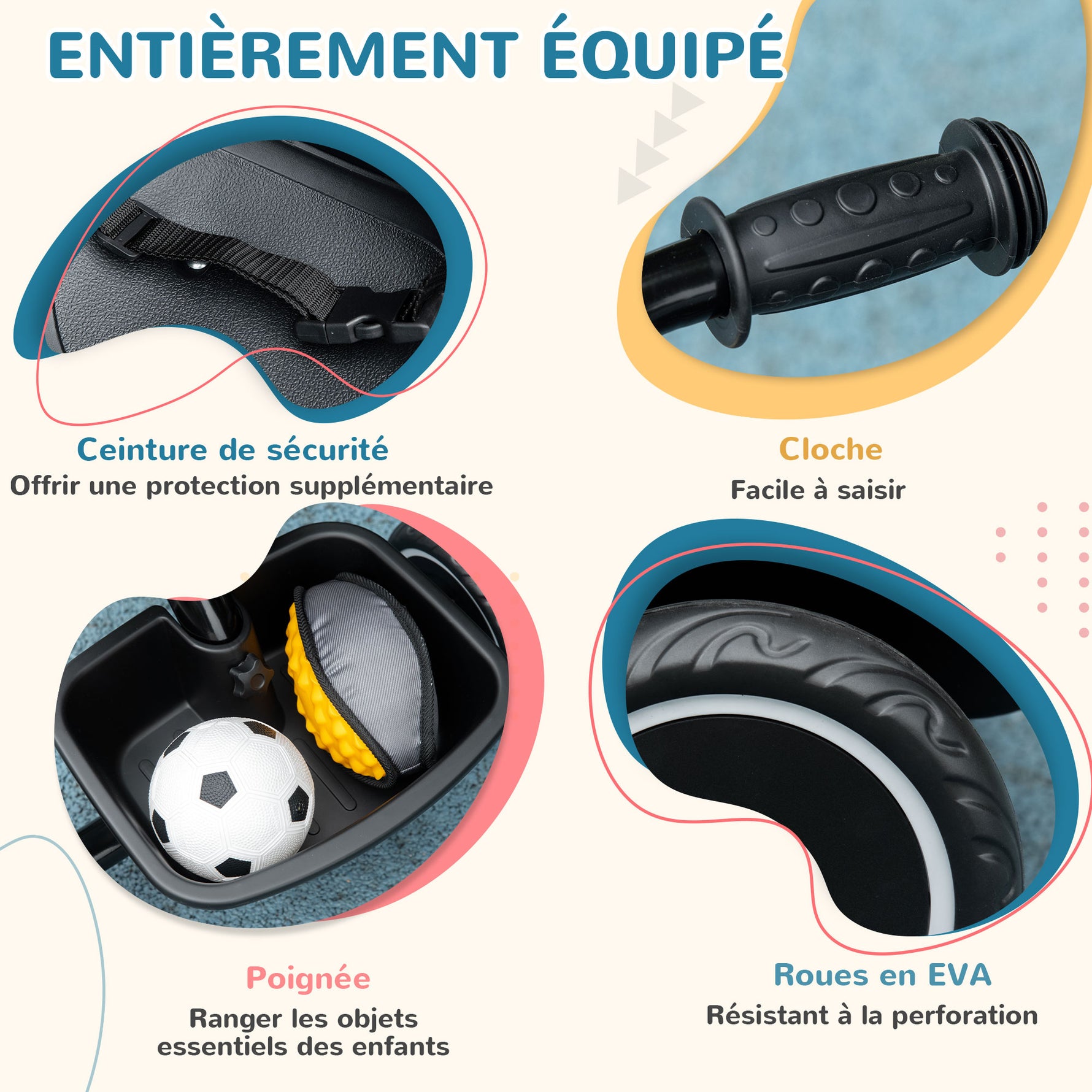 Tricycle pour enfant évolutif avec siège réglable pédales 2 paniers ceinture pour enfant de 2 à 5 ans noir