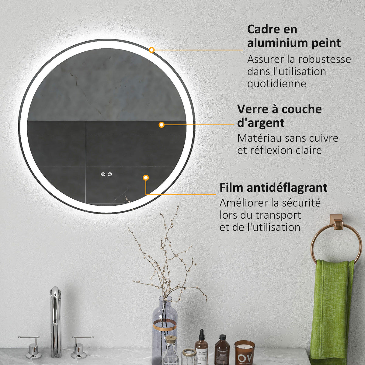 Miroir rond lumineux LED de salle de bain Ø 60 cm mural avec éclairage 3 couleurs interrupteur tactile 29W blanc argent