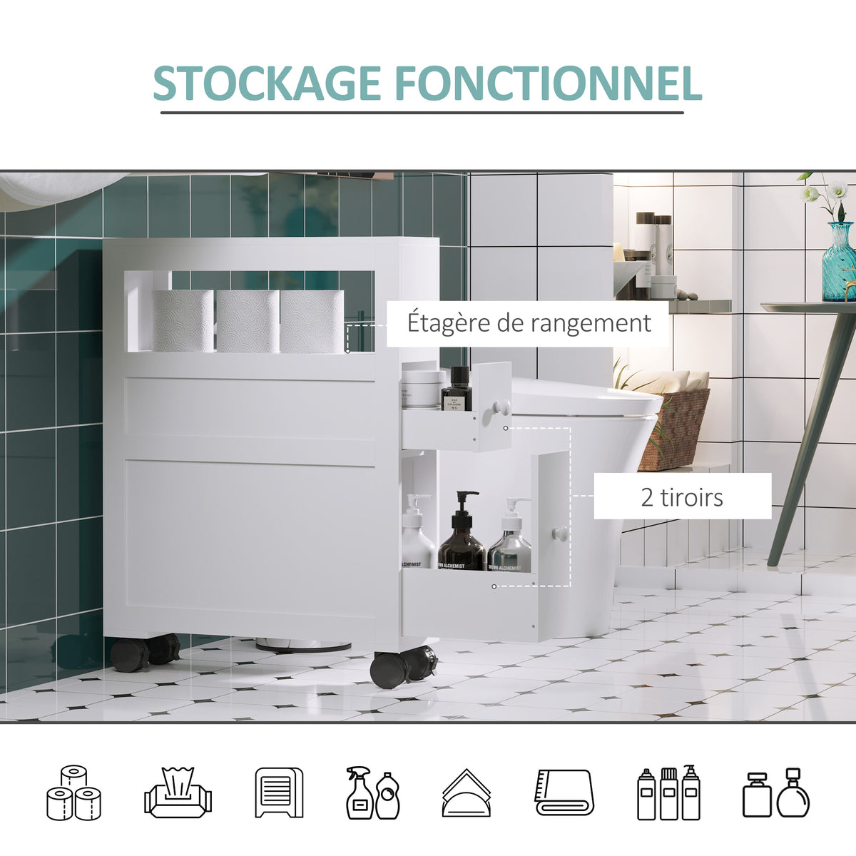 Badezimmer-Rollwagen, WC-Schrank, offenes Regal mit 2 Schubladen, 16 x 52 x 71,5 cm, weiß