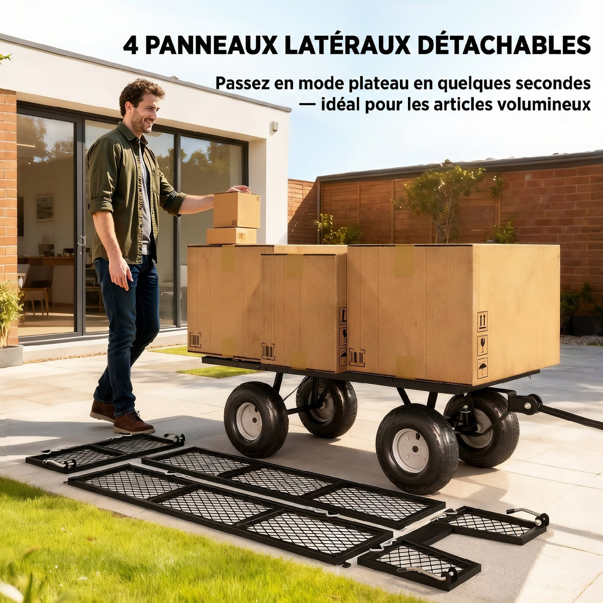 Gartenwagen 300 kg, Bollerwagen mit abnehmbarer Plane und 180° drehbarem Griff, klappbare Seitenteile, Grün
