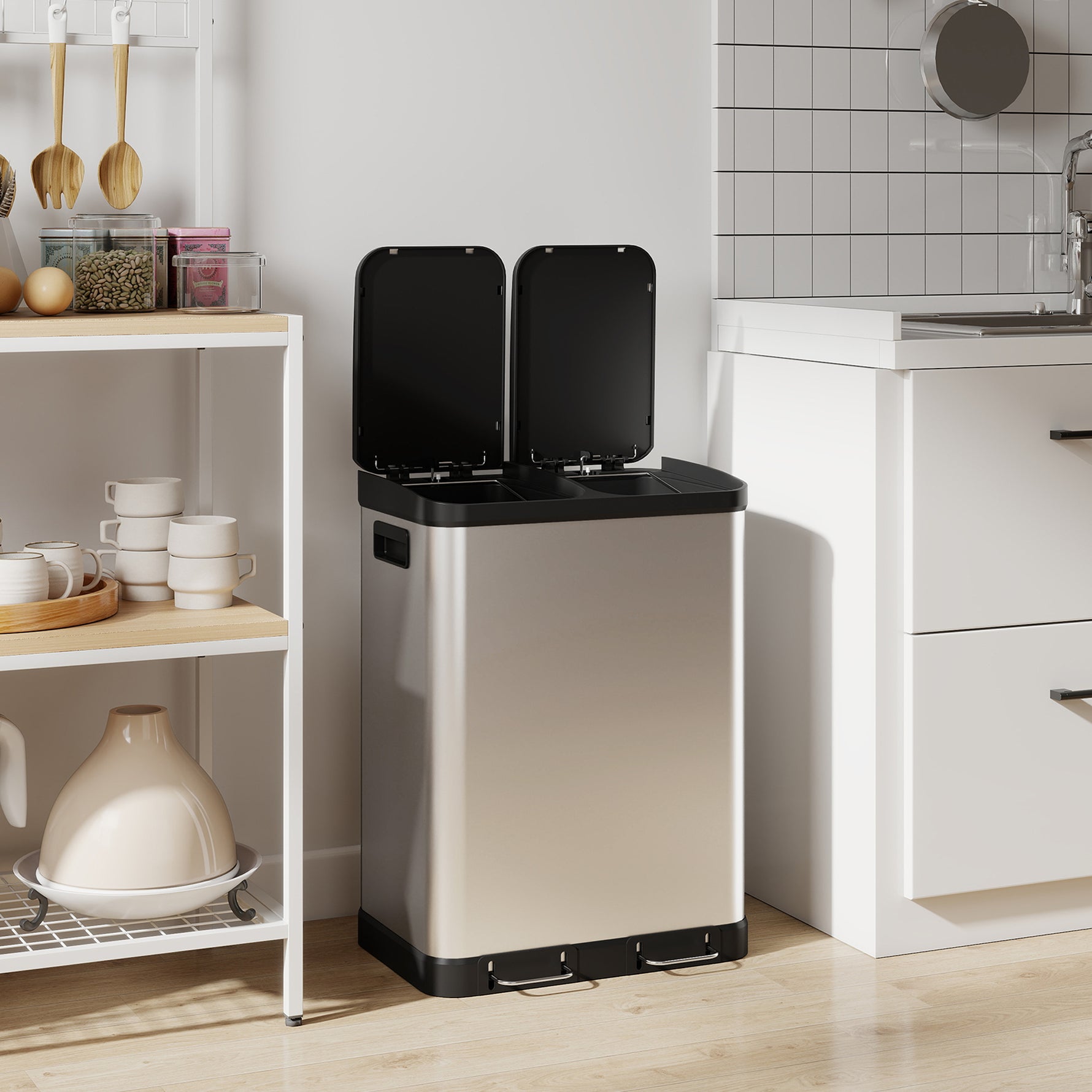 Poubelle de cuisine à double compartiment 2 x 30L avec pédale en acier inoxydable, couvercle à fermeture douce, argent