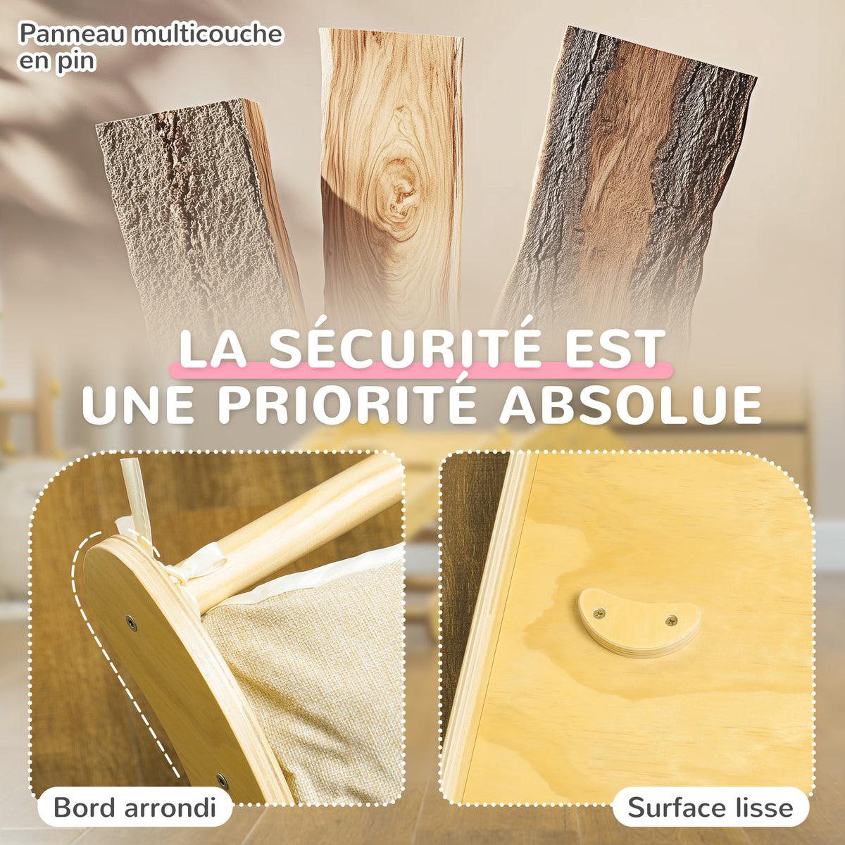 4 en 1 Arche escalade enfants, chaise à bascule, rampe d'escalade double face et coussin, 168x49,5x39,5cm, bois naturel
