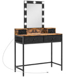 Coiffeuse table de maquillage miroir LED réglable intégré - pied en métal noir - 4 tiroirs en tissu - Aspect bois foncé