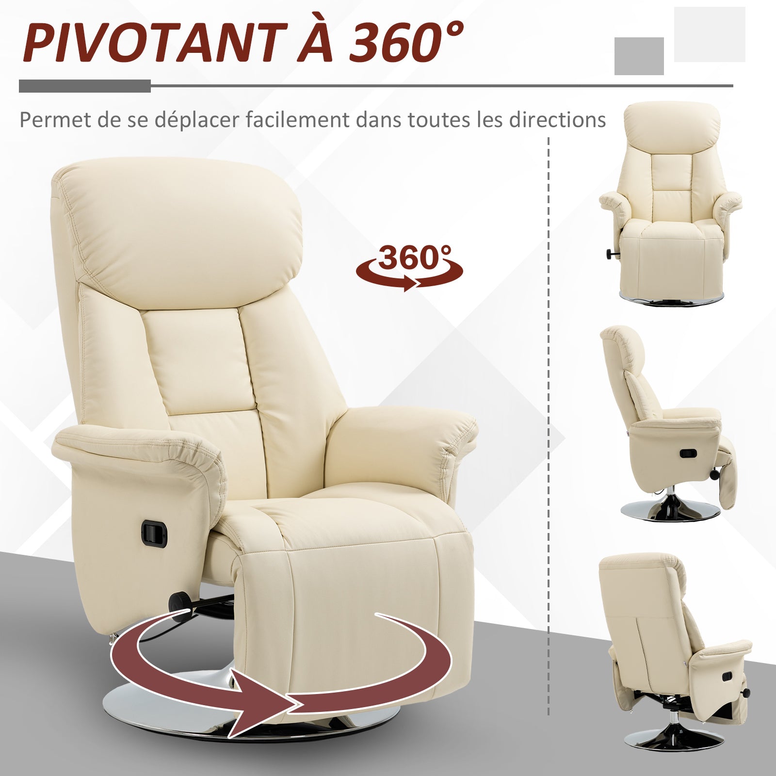Fauteuil de relaxation inclinable pivotant repose-pied réglable, jusqu'à 150 kg, pour salon, chambre, home cinéma, crème
