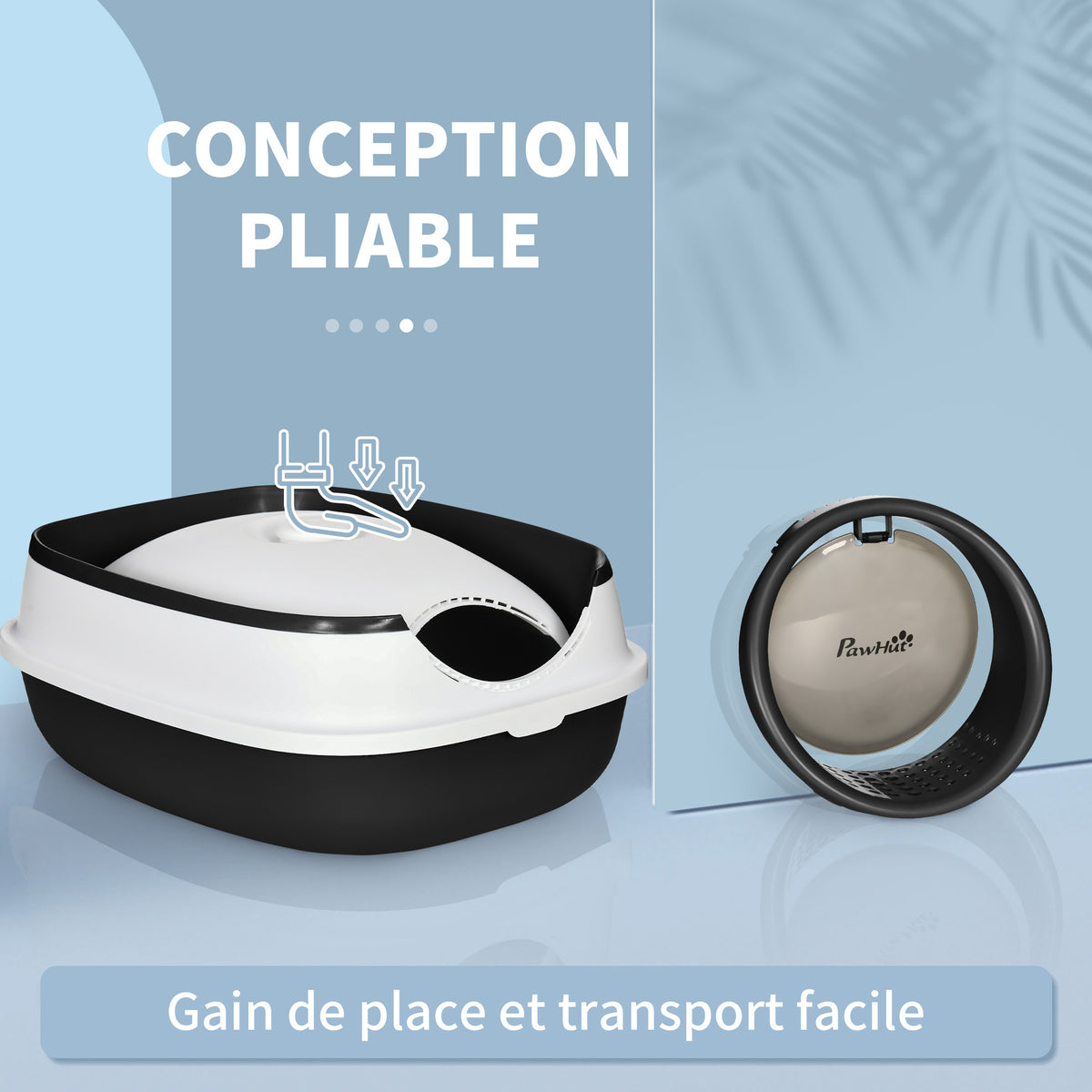 bac à litière pour chat pliable porte battante lucarne + pelle fournis noir blanc