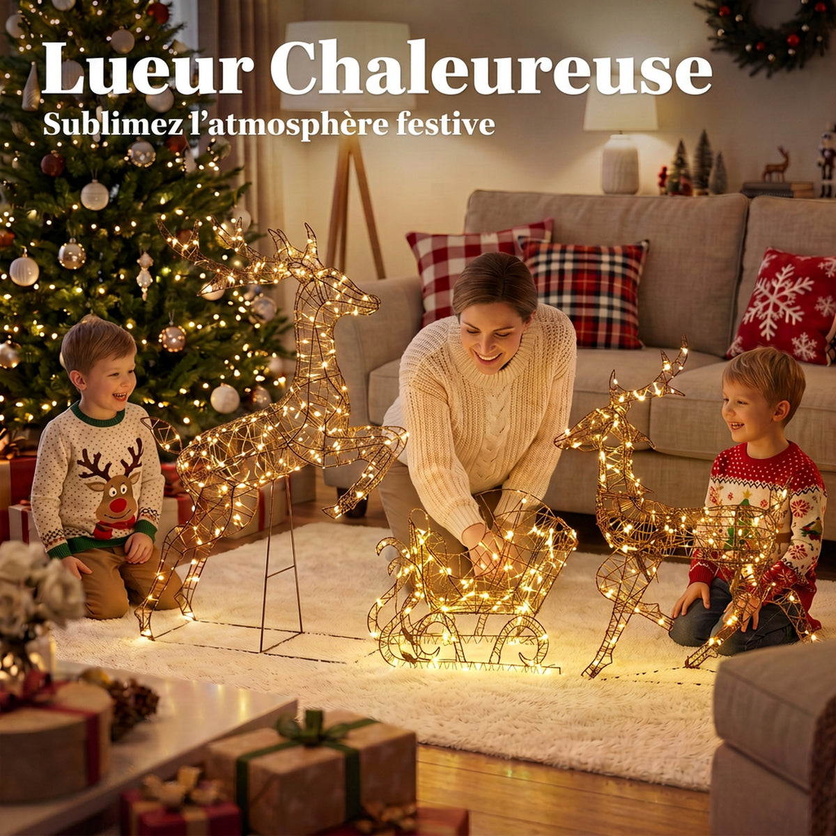 Set di 2 Renne di Natale con Slitta Luminosa 3 Pezzi, 240 LED Bianco Caldo, 8 Modalità e Timer, 78x22x105cm, Marrone