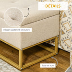 Banc banquette coffre de rangement 2 en 1 assise capitonnée et pieds acier 110 x 44 x 48 cm beige et doré
