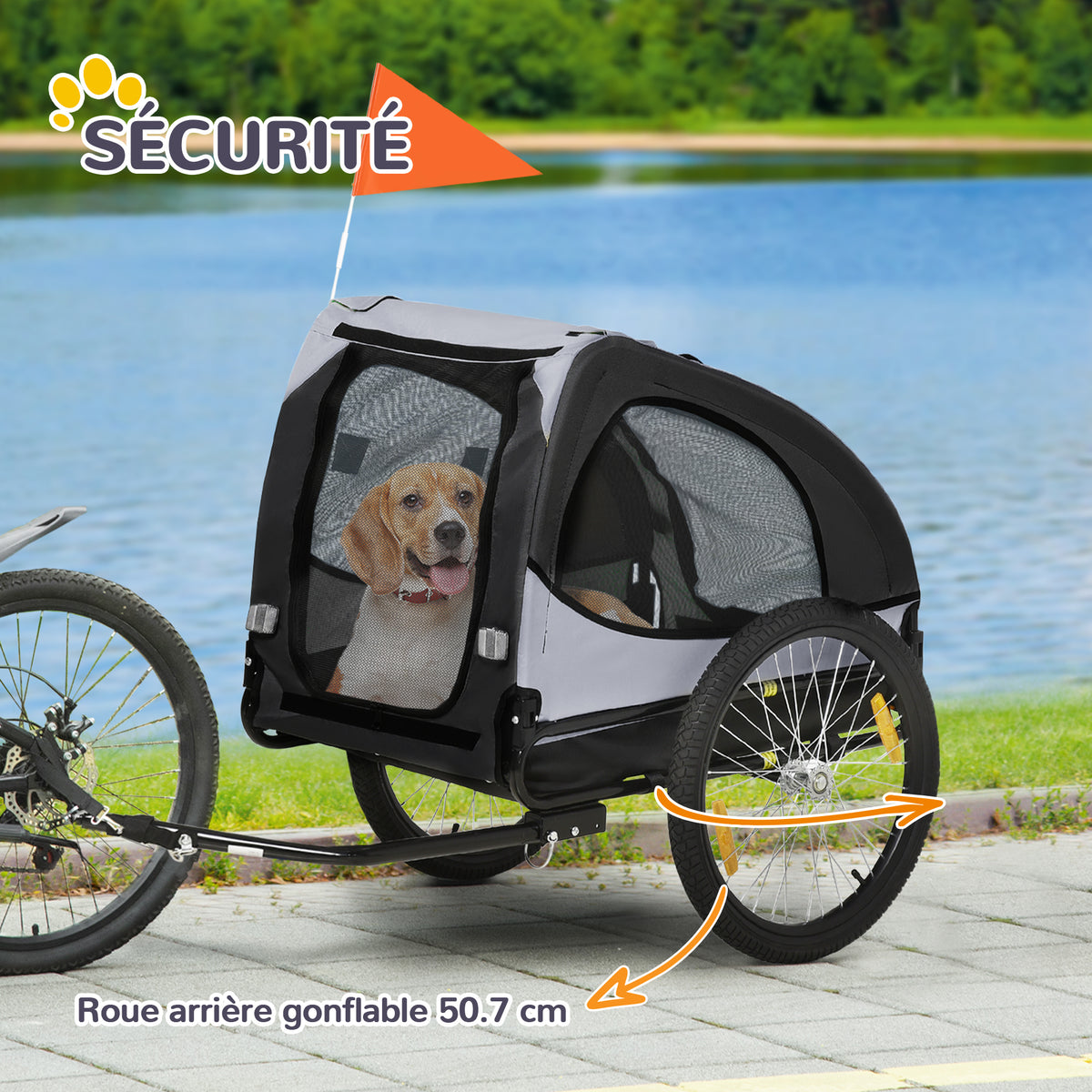 Rimorchio per bici per cani con finestre in rete, catarifrangenti e bandierina di sicurezza 140 x 71 x 83 cm nero