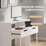 Bureau d'Ordinateur Extensible 100 cm avec 2 Tiroirs, Bureau avec Rangement, Style Moderne, Blanc