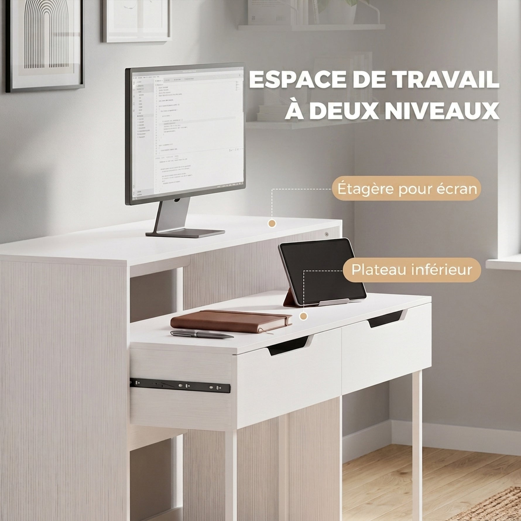 Bureau d'Ordinateur Extensible 100 cm avec 2 Tiroirs, Bureau avec Rangement, Style Moderne, Blanc