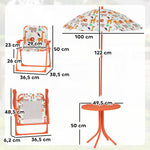 Salon de jardin enfant, table enfant avec 2 chaises pliantes et parasol Ø 100 cm, motif animal, orange