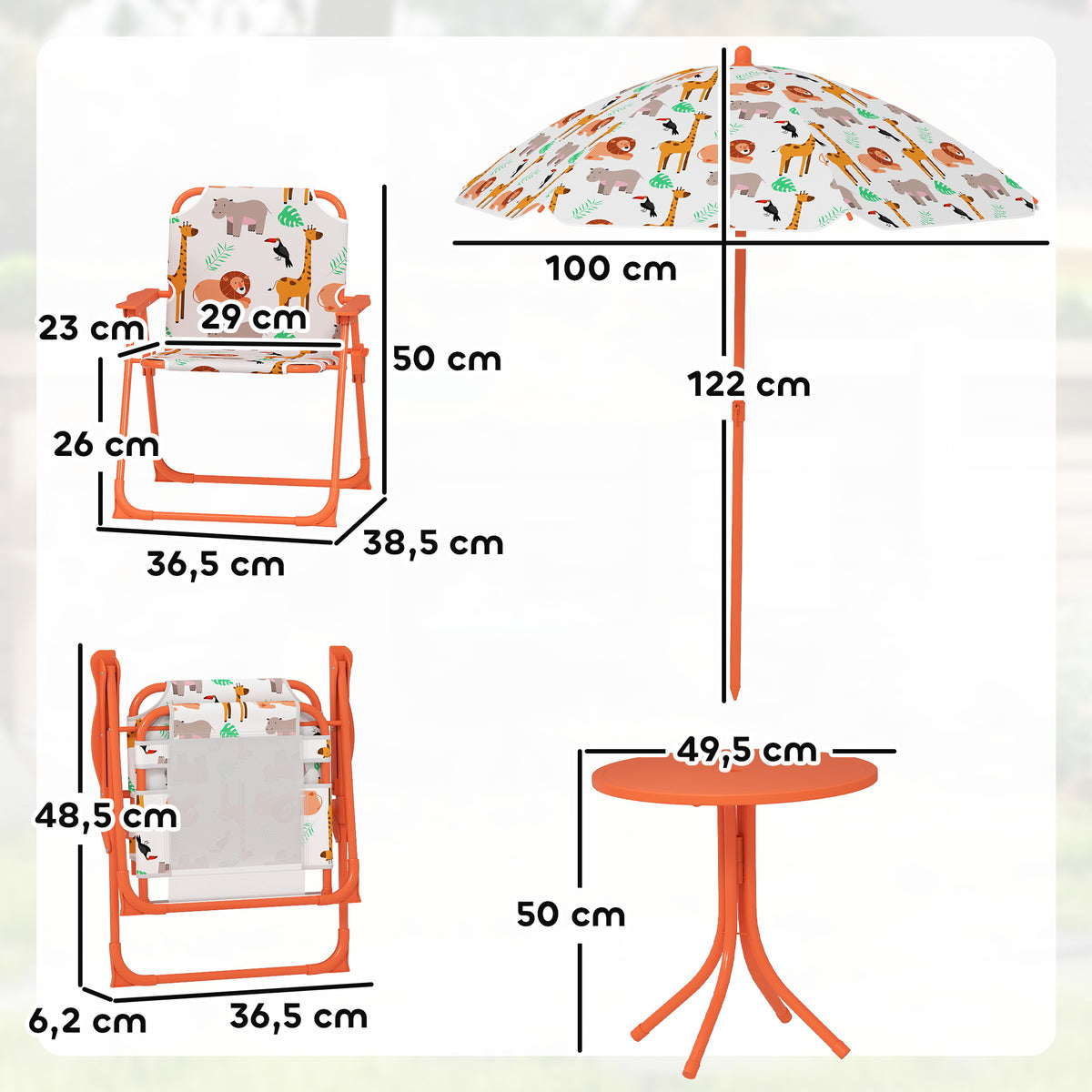 Salon de jardin enfant, table enfant avec 2 chaises pliantes et parasol Ø 100 cm, motif animal, orange