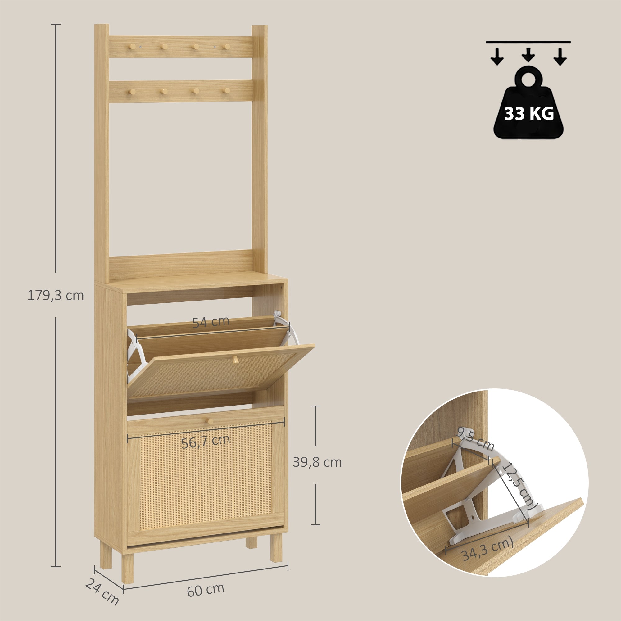 Porte-Manteau 2 en 1, Meuble d'Entrée avec Meuble à Chaussures, Portes Effet Rotin et 8 Crochets, Bois Naturel
