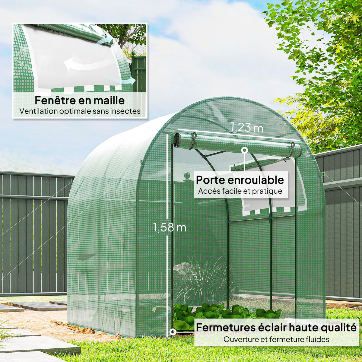 Serre tunnel de jardin 3,24m², serre de jardin tunnel porte et fenêtre enroulables, bâche PE, 180 x 180 x 200 cm, verte