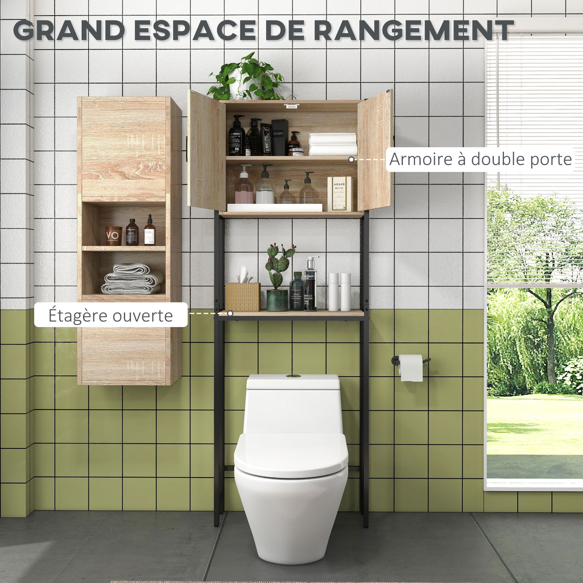 Étagère de toilettes meuble de salle de bain dessus toilette WC avec placard 2 portes et étagère ouverte