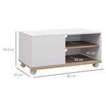 Meuble TV sur roulettes avec 2 Freins - 2 niches + Placard Porte 2 Passe-Fil - en bois Blanc chêne Clair