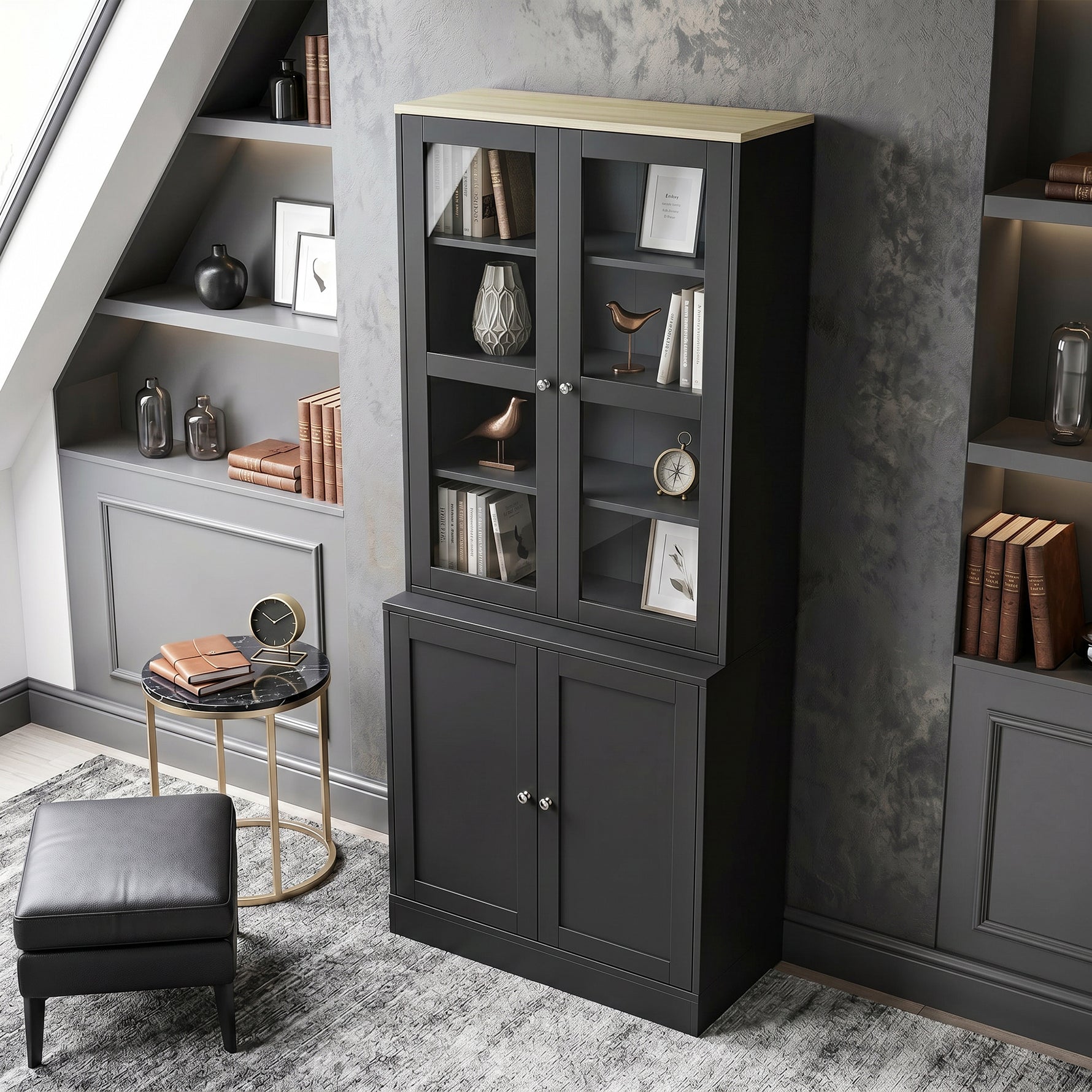 Bibliothèque vitrine, meuble de rangement à 6 niveaux avec 4 portes dont 2 en verre trempé, étagères réglables, noir