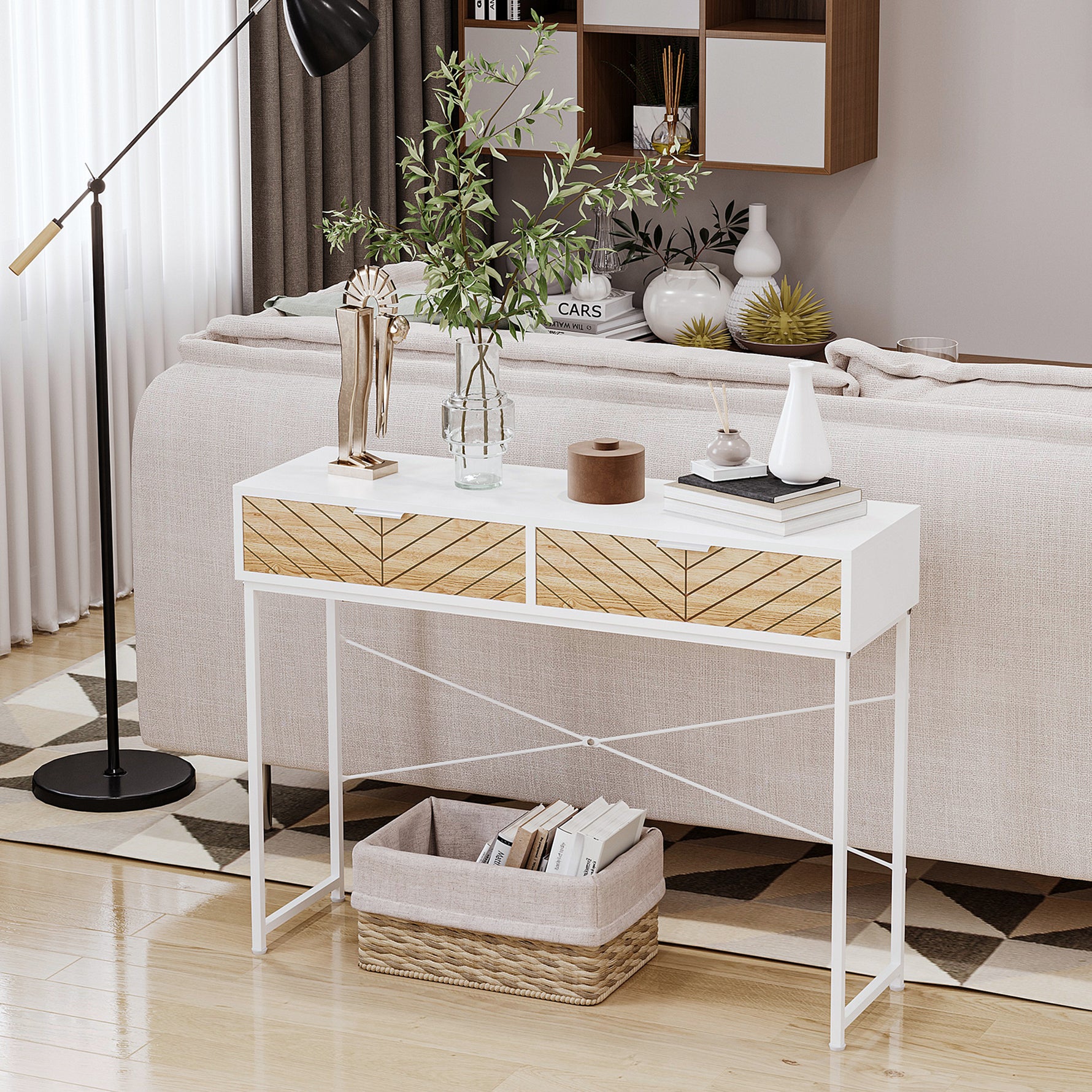 Table Console Industriel 2 tiroirs Aspect Bois de chêne sculpté Motif à Chevrons piètement métal Blanc