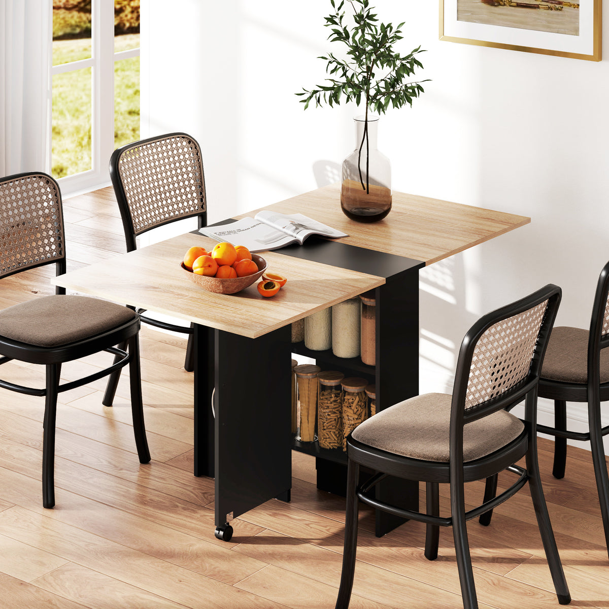 Table pliante de cuisine salle à manger amovible sur roulettes 75 x 140 x 74 cm coloris chêne et noir