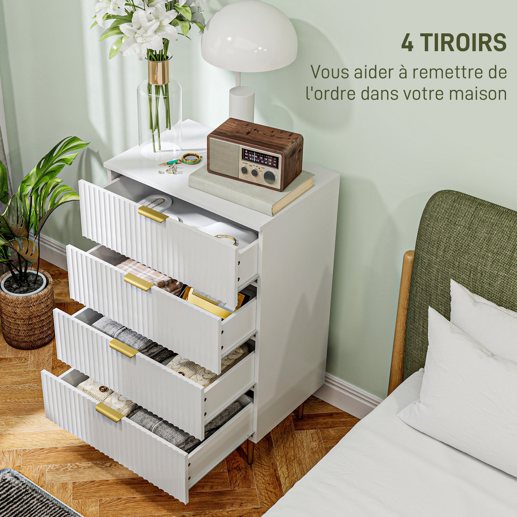 Commode 4 tiroirs commode chambre meuble de rangement moderne avec poignées et pieds dorés, dim. 60 x 40 x 96 cm, blanc