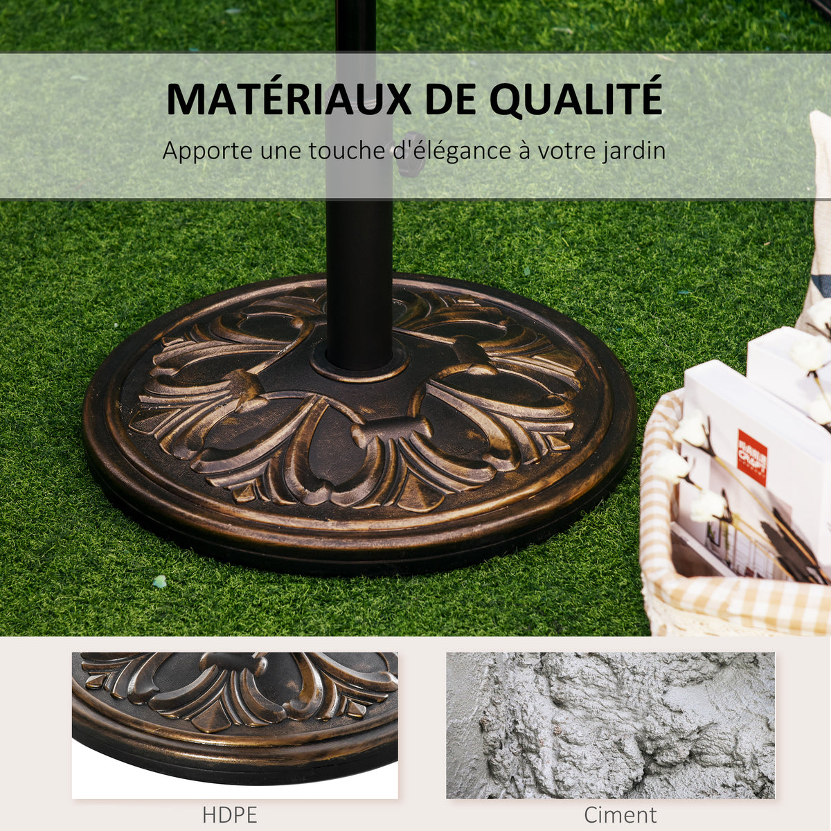 Pied de parasol rond base de lestage Ø 48 x 34H cm ciment HDPE motif fleurs de lys poids net 13 Kg noir doré