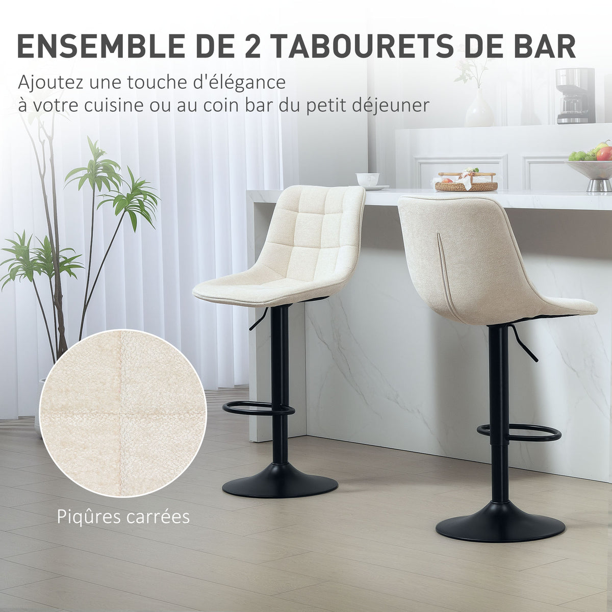 2er-Set Barhocker, höhenverstellbare Chenille-Barstühle mit 360° drehbarer Rückenlehne, 47x48x117,5 cm, Beige