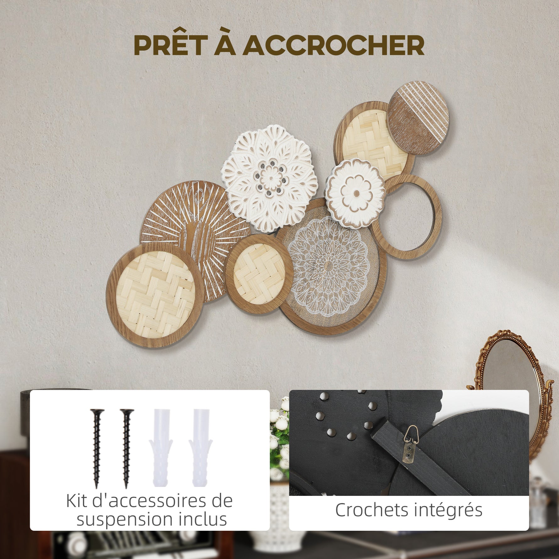 Décoration murale en bois, sculpture murale en bois, design unique à plusieurs disques, 83,8 x 44,5 cm, bois naturel