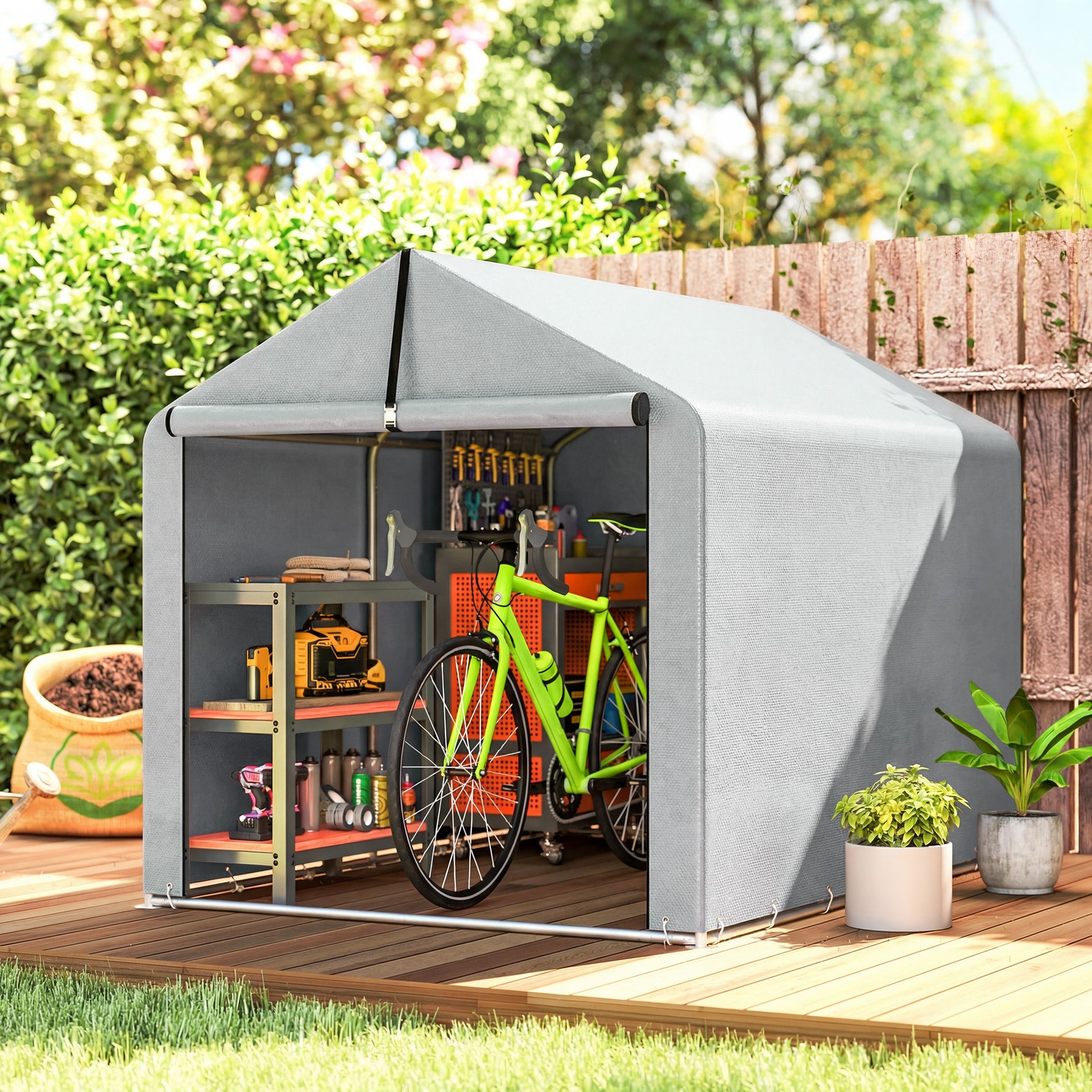 Abri de jardin tente de stockage imperméable abri moto porte enroulable, pour vélo moto 162 x 221,5 x 163 cm, gris clair