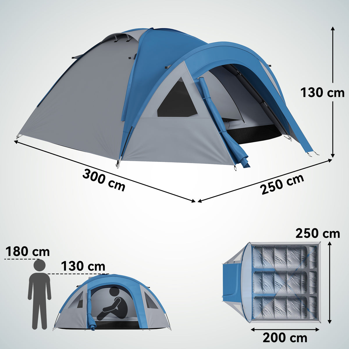 Tenda da campeggio familiare per 3 persone, tenda a cupola impermeabile leggera, ventilata, facile da montare, doppia porta e