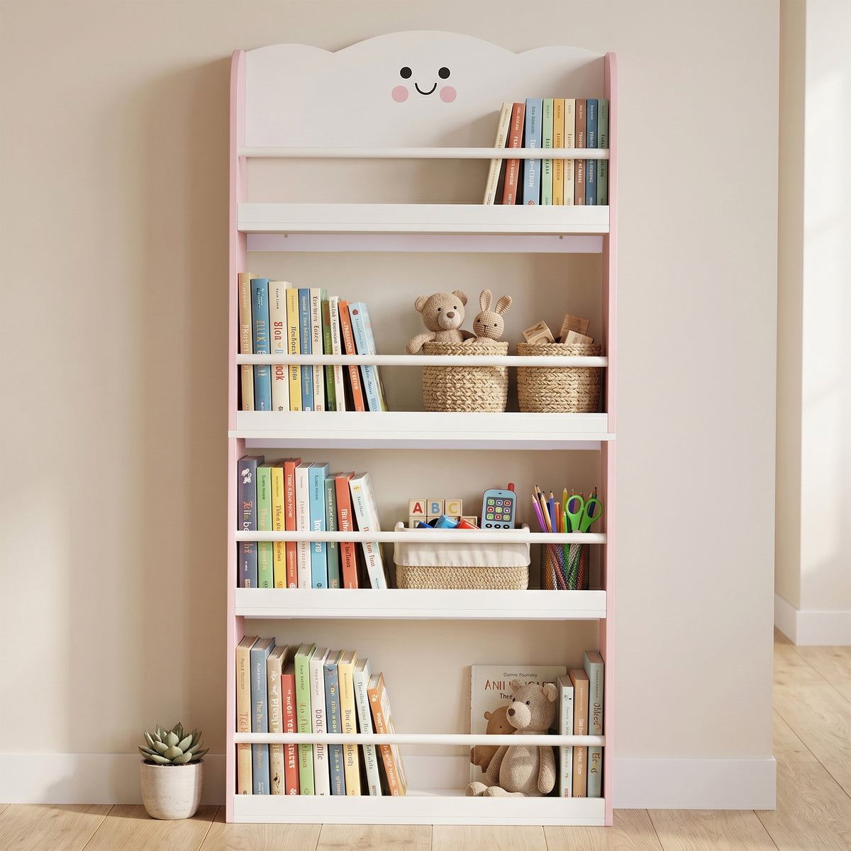 Bibliothèque pour enfant, rangement livre enfant 4 niveaux en thème barbe à papa, 60x12x108cm, rose