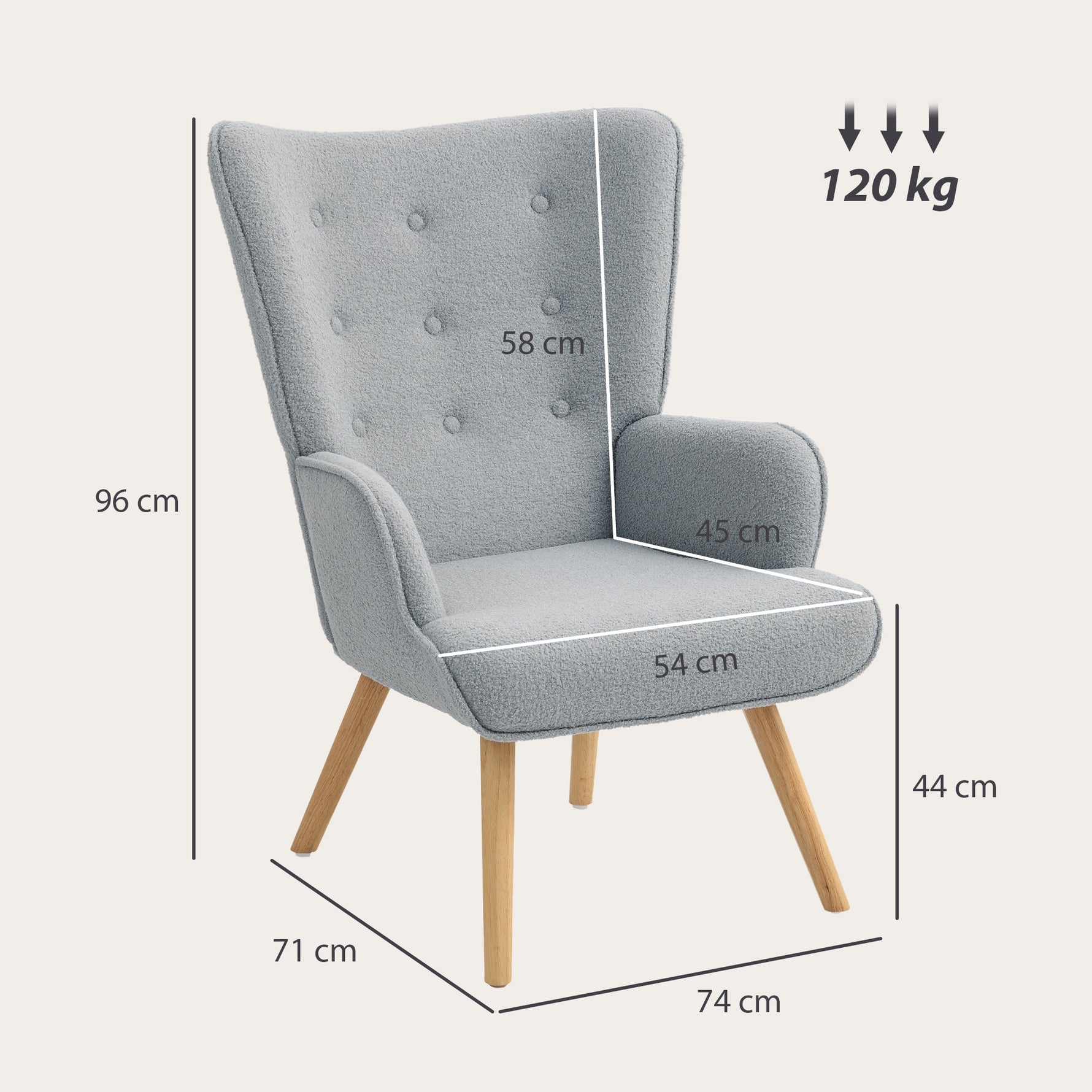 Fauteuil de salon en tissu bouclette, fauteuil capitonné et rembourré avec pieds en bois, 71 x 74 x 96 cm, gris clair