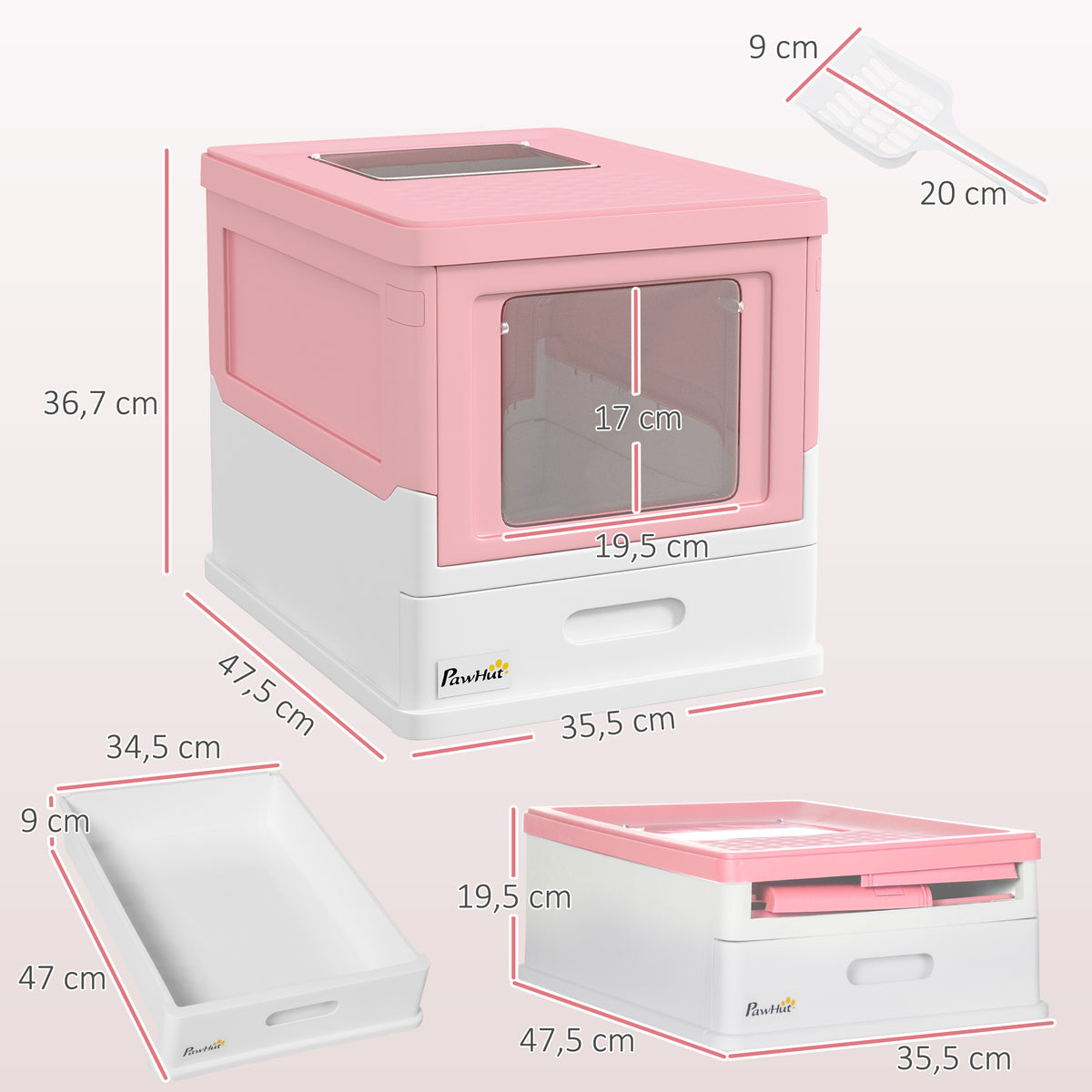 Lettiera per gatti pieghevole con doppia porta a battente e apertura superiore, paletta inclusa, 47,5 x 35,5 x 36,7 cm, rosa