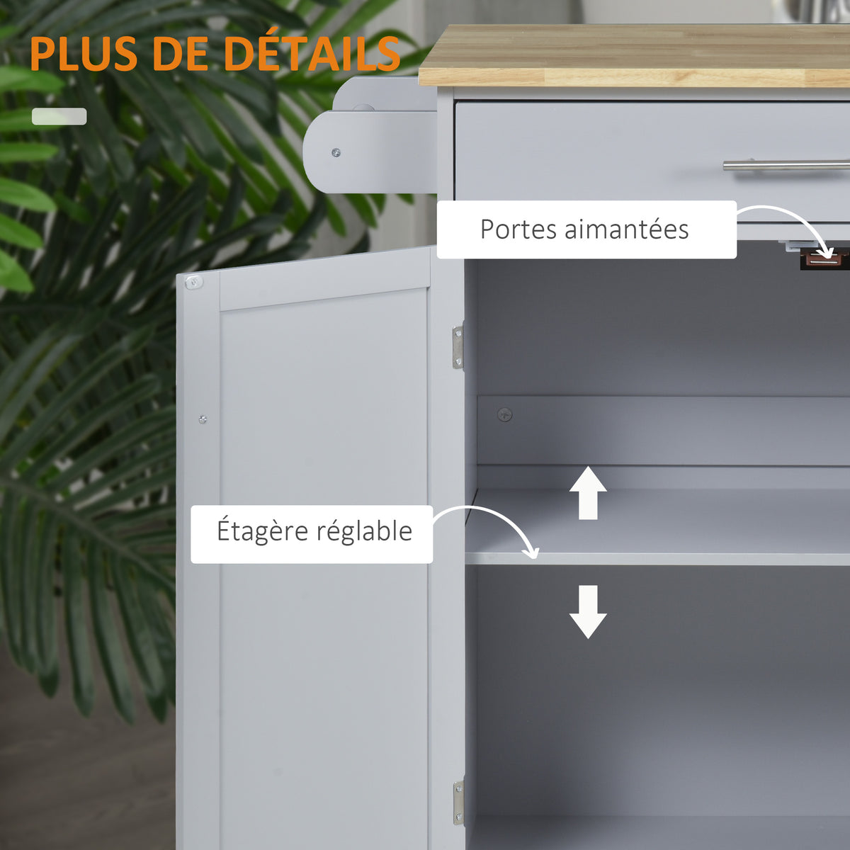 Carrito de cocina con ruedas, carrito de servicio, isla de cocina con cajón, armario y toallero - gris