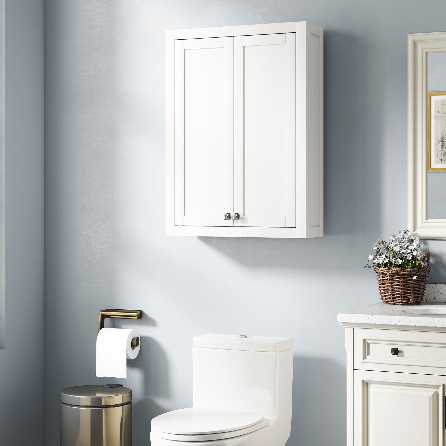 Armoire murale de salle de bain 3 niveaux, meuble de rangement suspendu  2 portes étagère réglable 61 x 20 x 84 cm blanc
