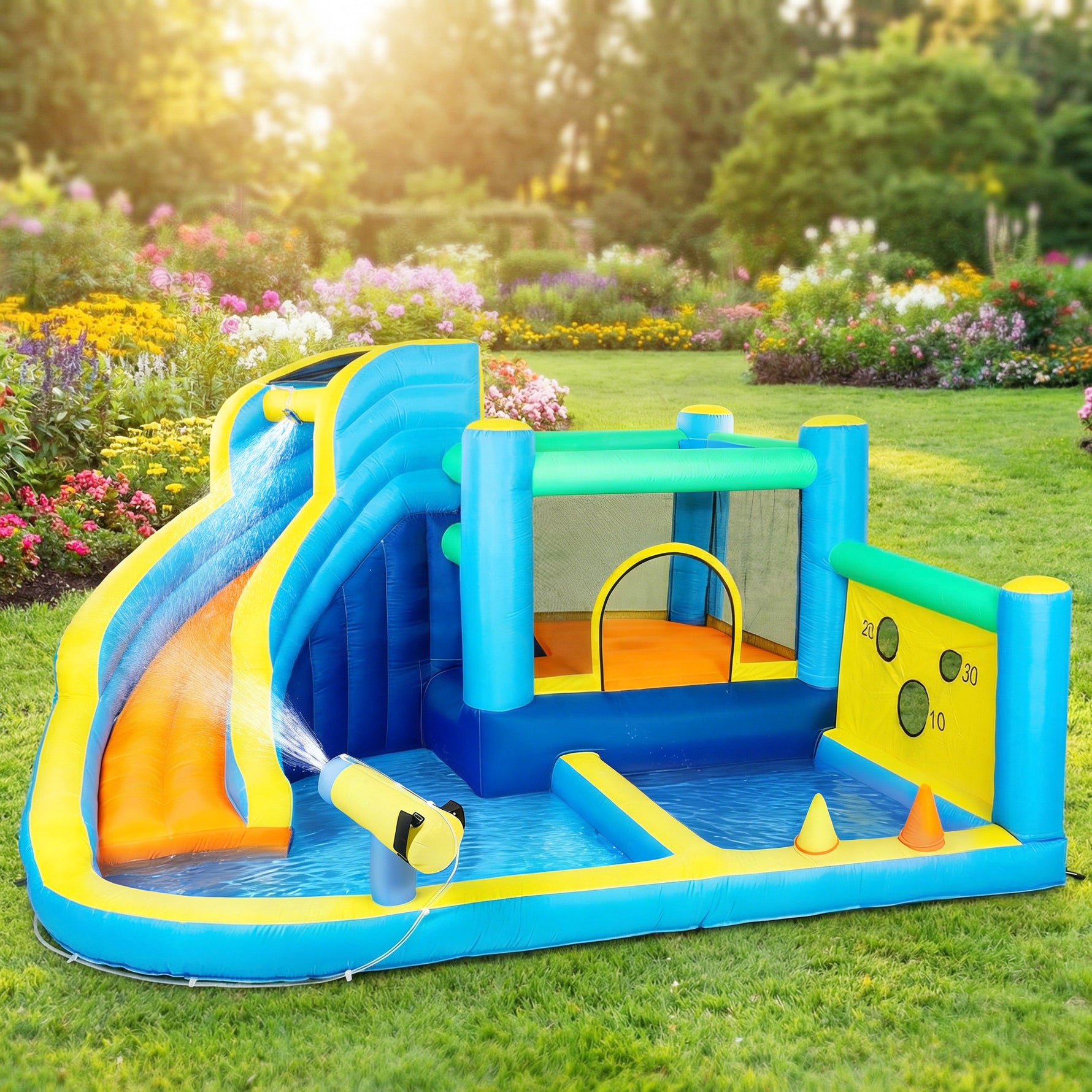 Château gonflable avec souffleur 8 en 1, parc aquatique, toboggan, trampoline, piscine à balles, oxford, multicolore