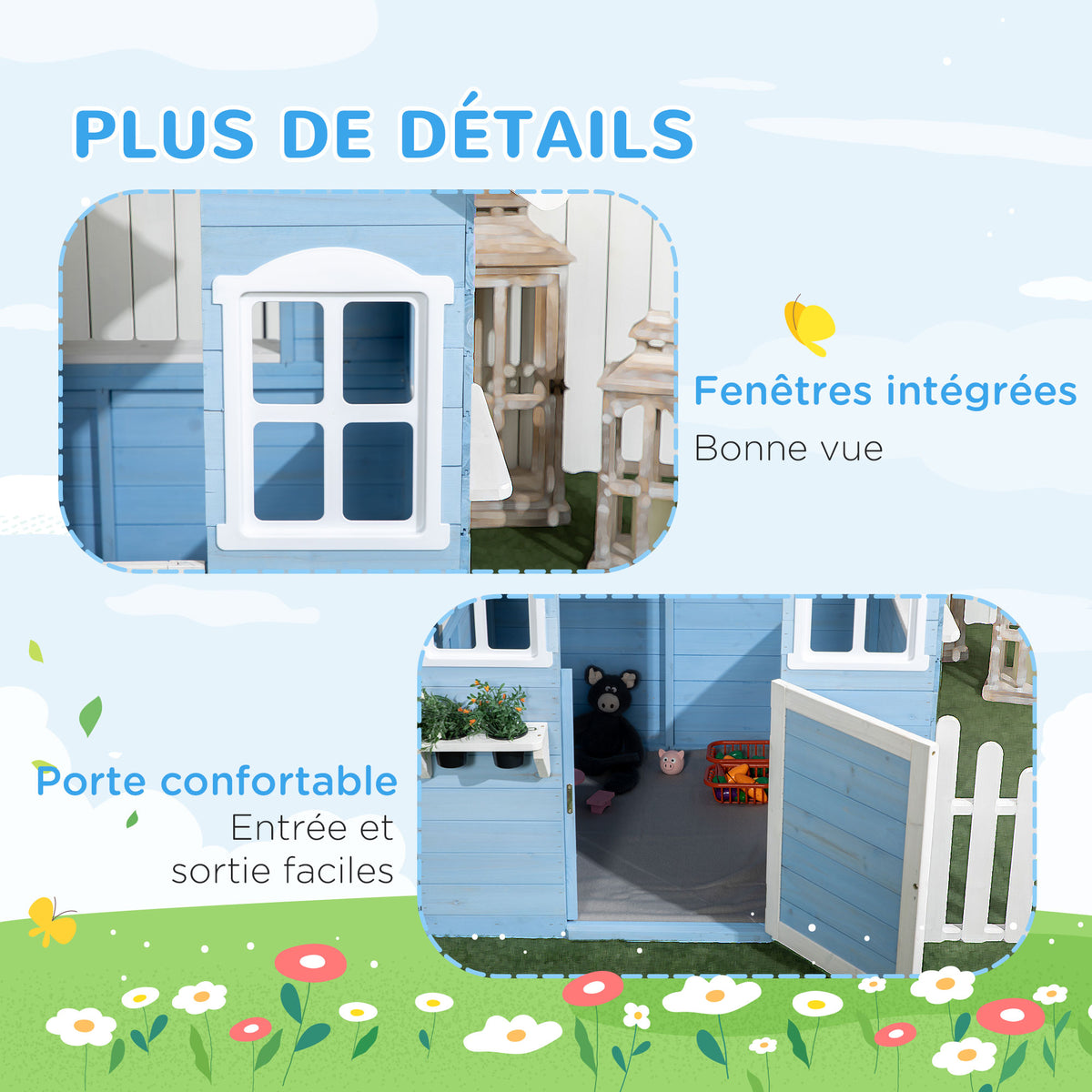 Cabane de jeu pour enfant maison de jardin en bois porte et fenêtres de 3 à 7 ans dim. 151L x 112.5l x 142H cm bleu