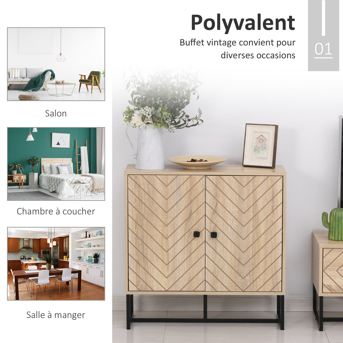 Buffet salon meuble de rangement armoire de cuisine avec placard portes et étagère réglable, motif Chevron, pied métal, style moderne buffet salle à manger et salon, 108 x 40 x 80 cm, chêne-3