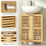Meuble sous Lavabo en Bambou, Meuble de Salle de Bain avec 2 Portes Persiennes, Étagère Réglable, Bois Naturel