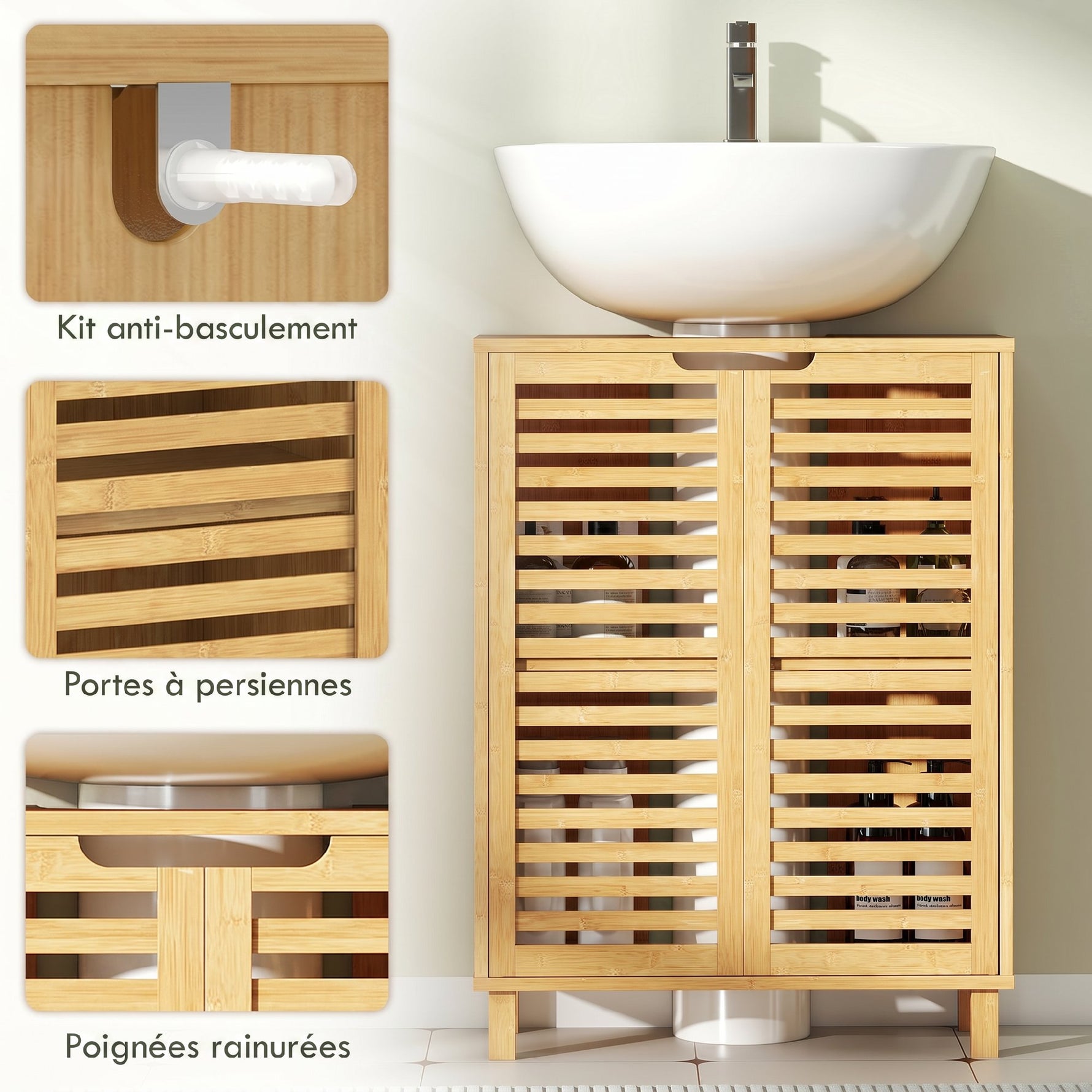 Meuble sous Lavabo en Bambou, Meuble de Salle de Bain avec 2 Portes Persiennes, Étagère Réglable, Bois Naturel