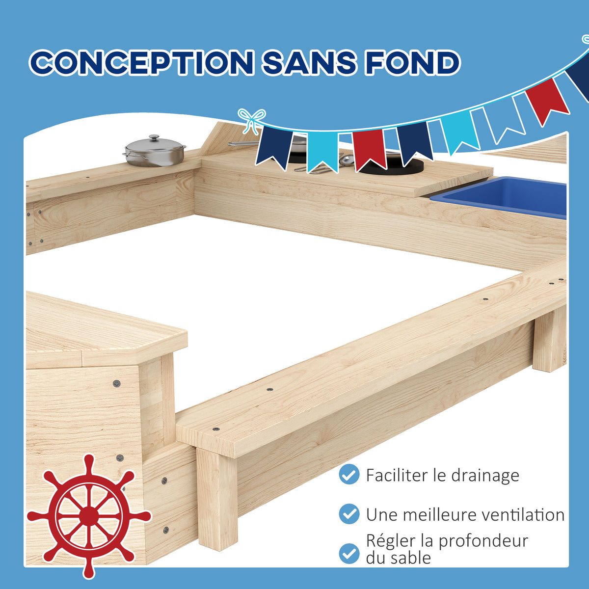 Bac à sable en bois avec jeu de cuisine 6 accessoires coffre rangement gouvernail drapeau 180 x 103 x 144,5 cm naturel