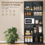 Buffet Haut Cuisine, Armoire de Cuisine avec 4 Portes à Fermeture Douce, Tiroir et Étagères Réglables, Noir