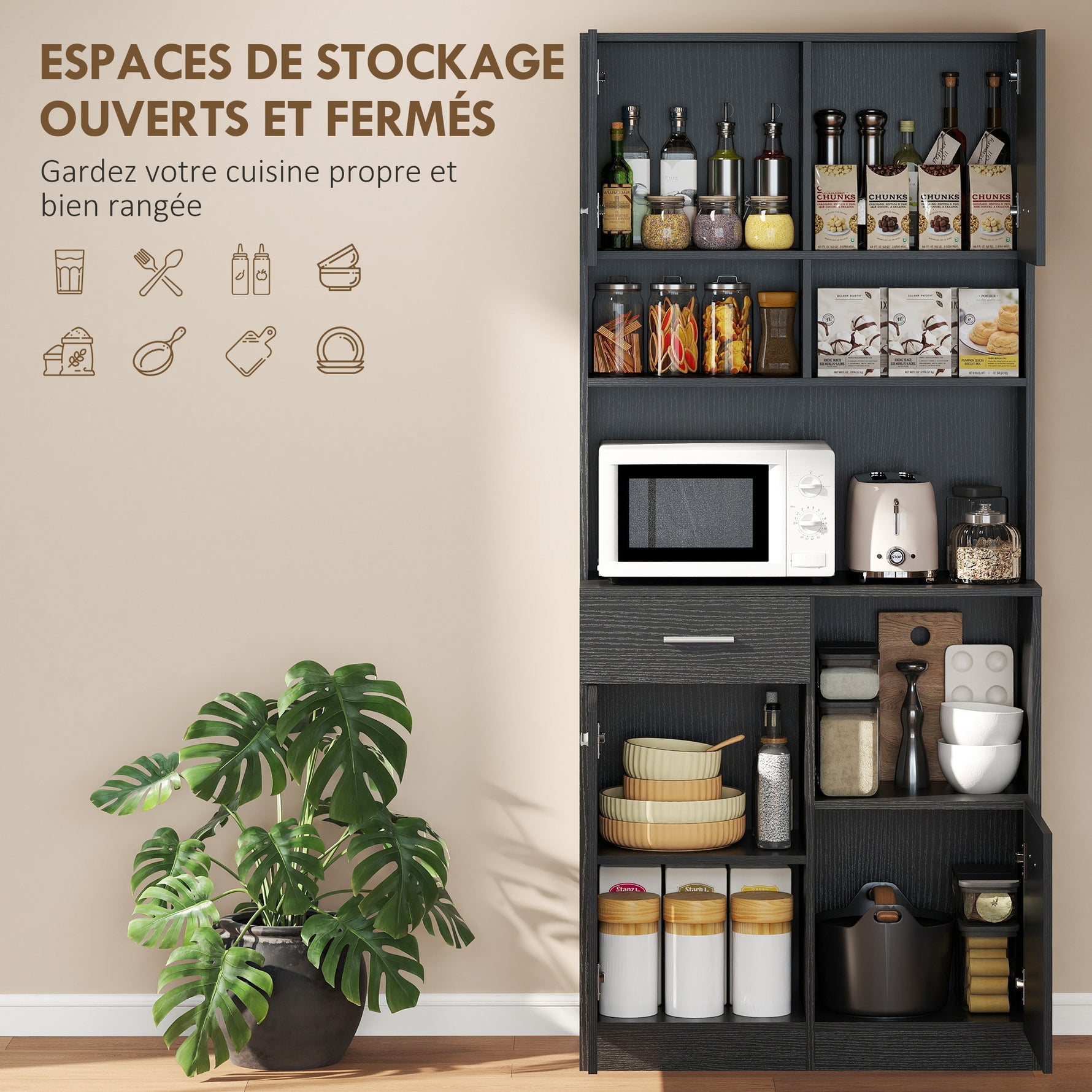 Buffet Haut Cuisine, Armoire de Cuisine avec 4 Portes à Fermeture Douce, Tiroir et Étagères Réglables, Noir