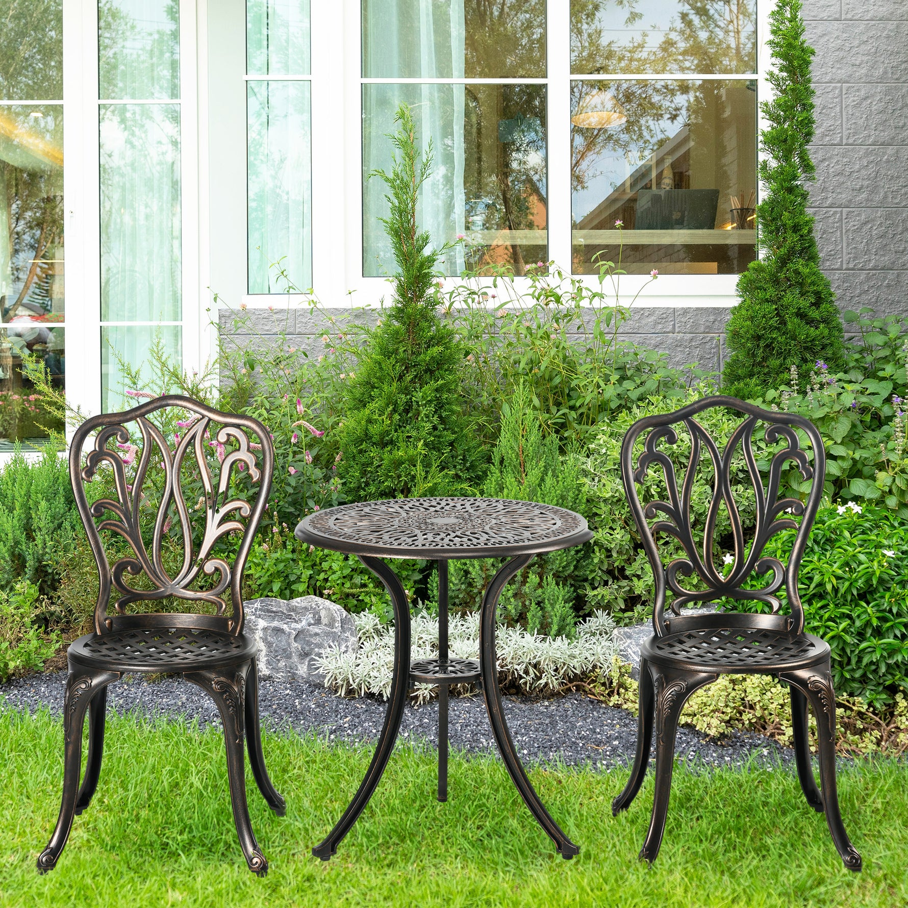 Ensemble Salon de Jardin 2 Places 2 chaises + Table Ronde style charme rétro en fonte d'aluminium, bronze