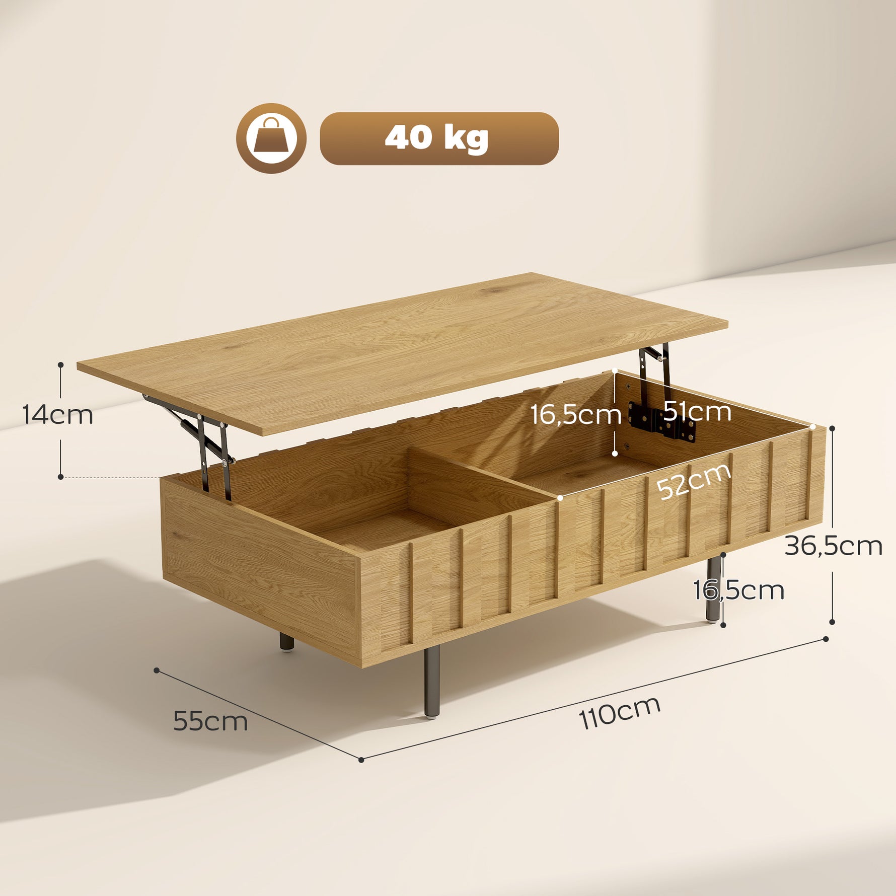 Table Basse Relevable avec 2 Compartiments Cachés et Latéraux Cannelés, Style Mid-Century Modern, 110x55x36,5cm, Chêne