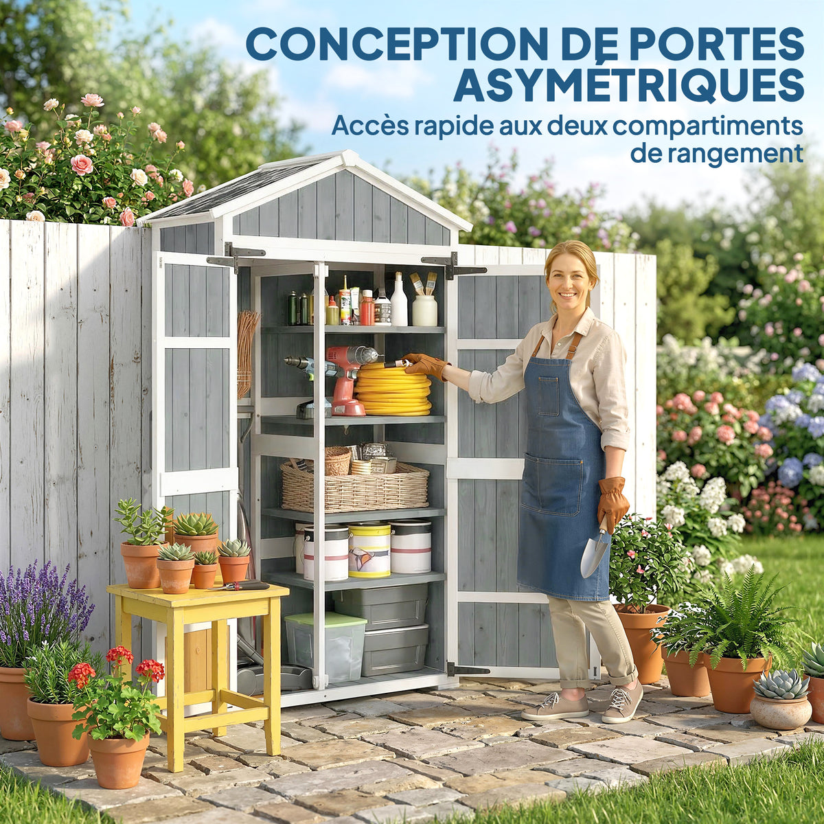 Armoire de Jardin Abri de Jardin Étanche avec Toit en Métal Double Porte pour Outils de Jardinage 105x55x179cm Gris