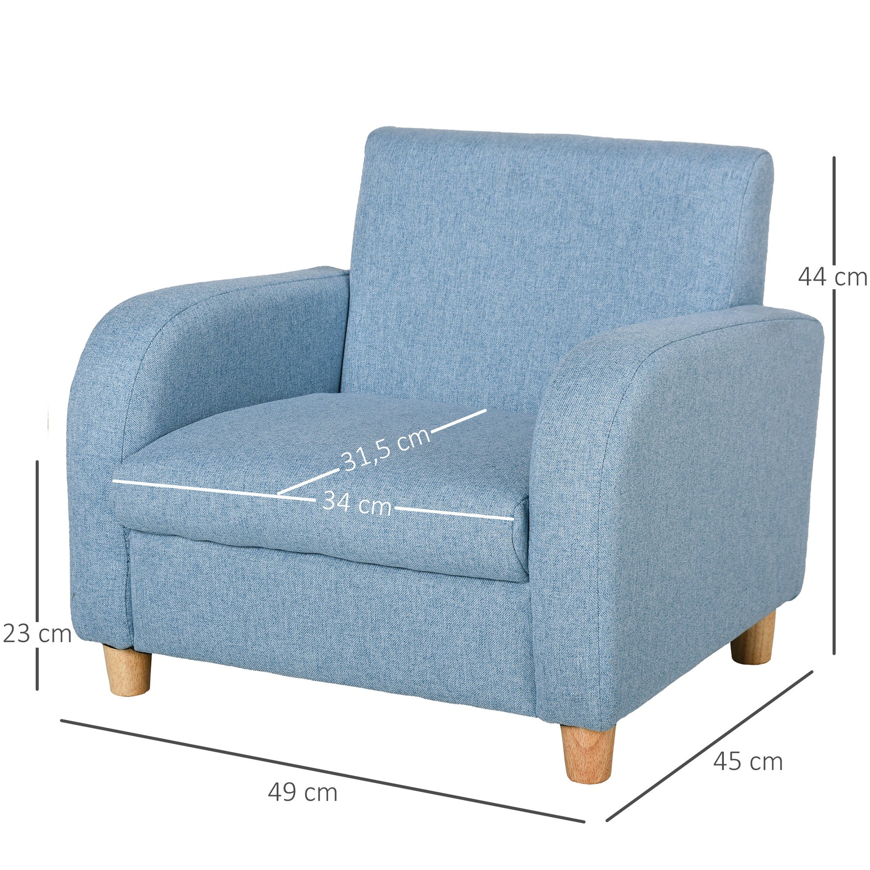 Fauteuil Enfant Design scandinave accoudoirs Assise Dossier garnissage Mousse piètement Bois Caoutchouc Lin Bleu